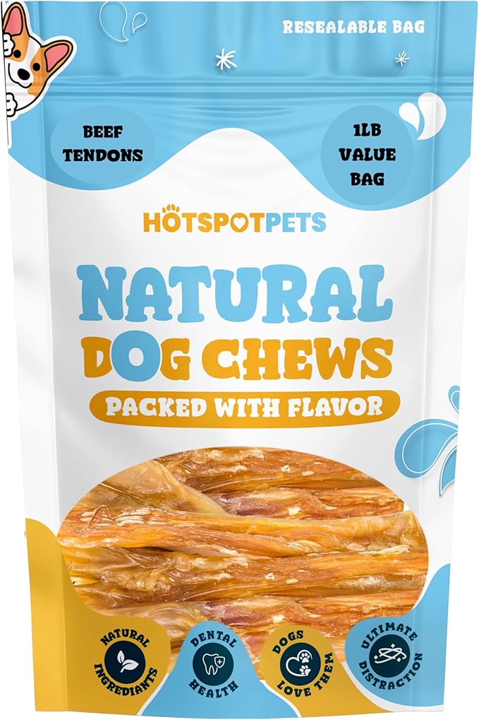 hotspot pets Beef Tendon Chews for Dogs - 8 Inch All Natural, Free-Range, Grass-Fed Premium USDA Gambrol Beef Tendon Stick Treats - Made in USA (1 Pound - 21-23pcs)