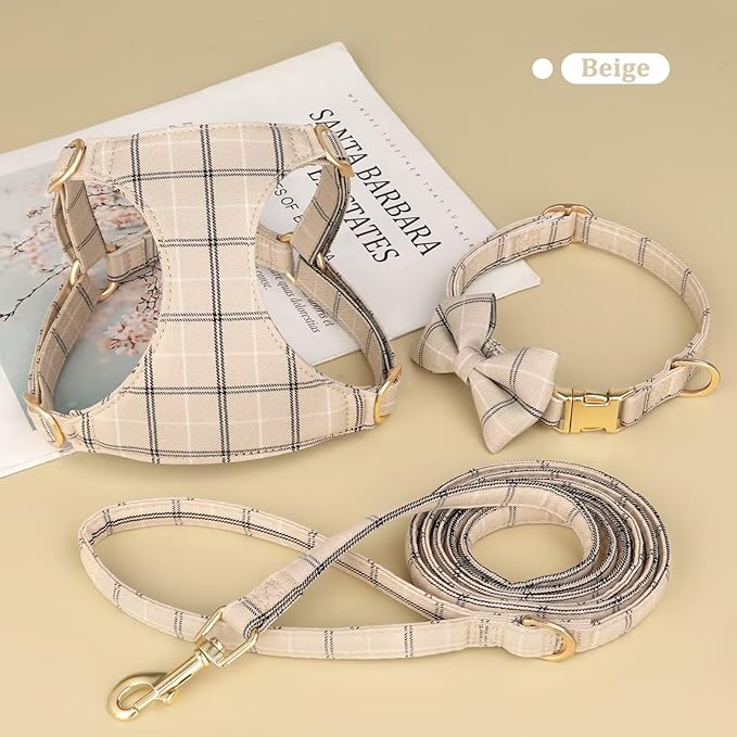 Beirui Cute Small Dog Harness Collar and Leash Set with Bowtie, Soft Adjustable Plaid Puppy Harness for Small Sized Dogs Cats Walks Parties and Photoshoots(Beige,S:Chest 17-23")