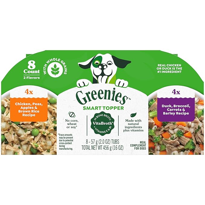 Greenies Smart Topper High Protein Wet Mix-in for Dogs, Chicken, Peas, Apples, and Brown Rice Recipe & Duck, Broccoli, Carrots and Barley Recipe Variety Pack with Whole Grains, 8 Trays of 2oz.
