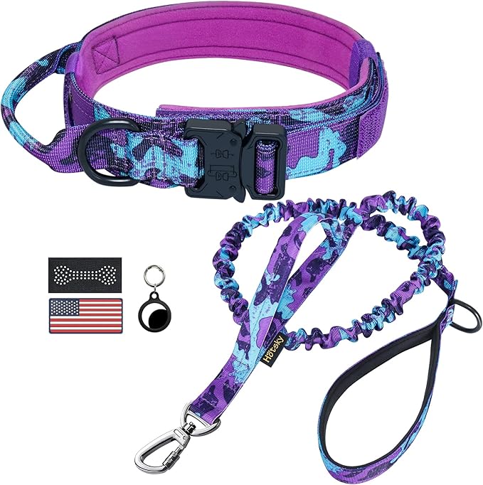 Hotsky Tactical Dog Collar and Leash Set, Heavy Duty Military Airtag Dog Collar with Handle and Metal Buckle for Training and Walking, with Airtag Holder and Two Patches (Purple Camo, XL)