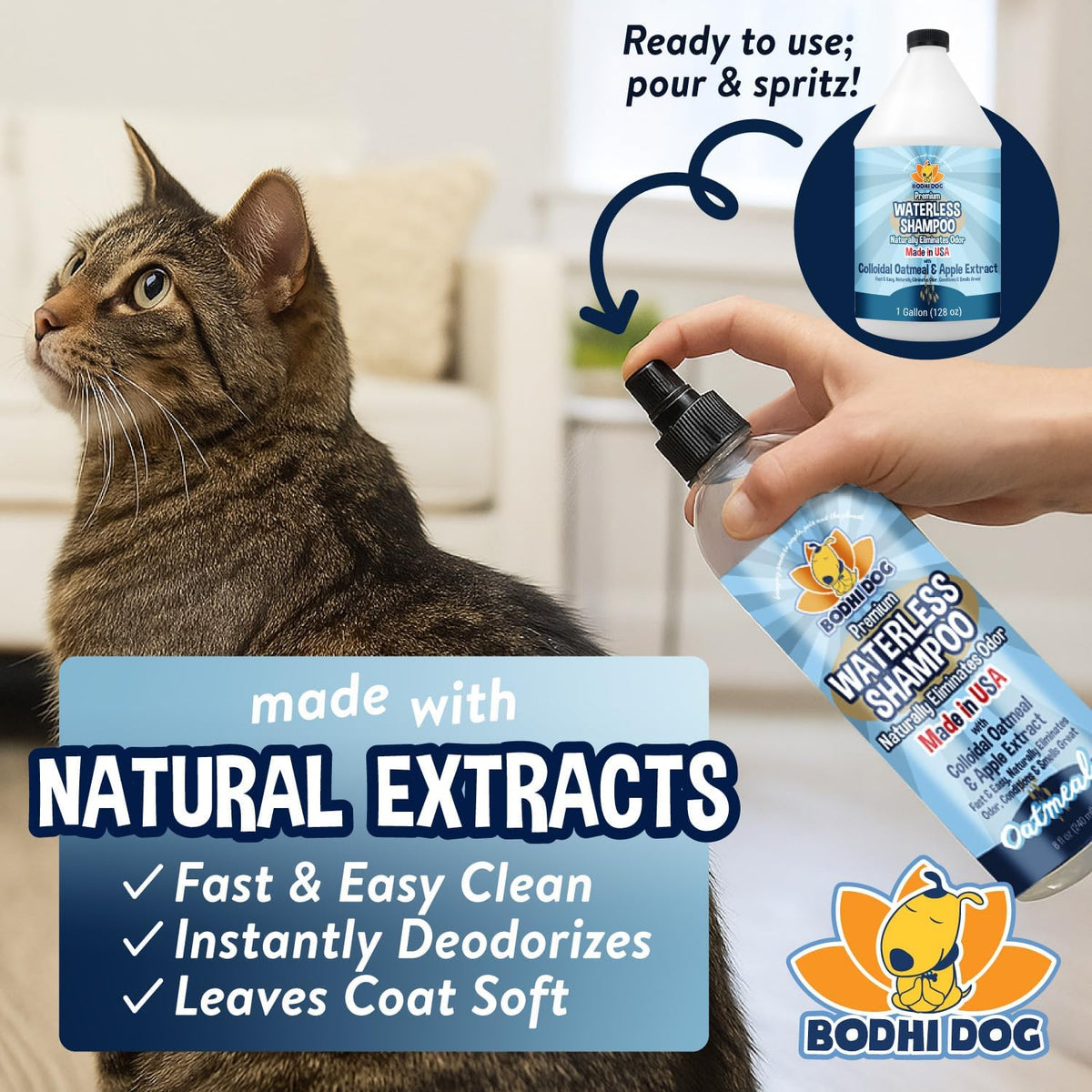 Bodhi Dog Waterless Shampoo - Natural Dry Shampoo for Dogs & Cats - Neutralizes Pet Odor - No Rinse Required - Made of Natural Extracts - Safe for Sensitive Skin - Oatmeal & Apple (1 Gallon)