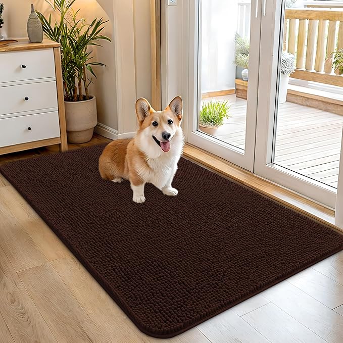 OLANLY Dog Door Mat for Muddy Paws 45x27, Absorbs Moisture and Dirt, Absorbent Non-Slip Washable Doormat, Quick Dry Chenille Mud Mat for Dogs, Entry Indoor Entryway Carpet for Inside Floor, Brown