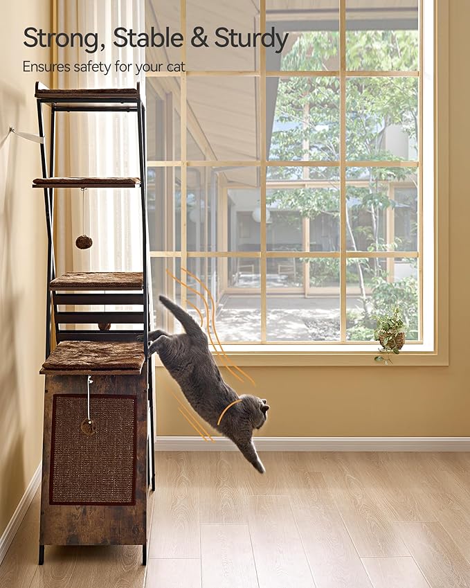 FourFurPets 72.4" Modern Cat Tower for Indoor Cats - Multi-Level Condo With Caves, Tall Tree With Scratching Board, Wooden Tower With Large Perch, Removable Pads, Rustic Brown