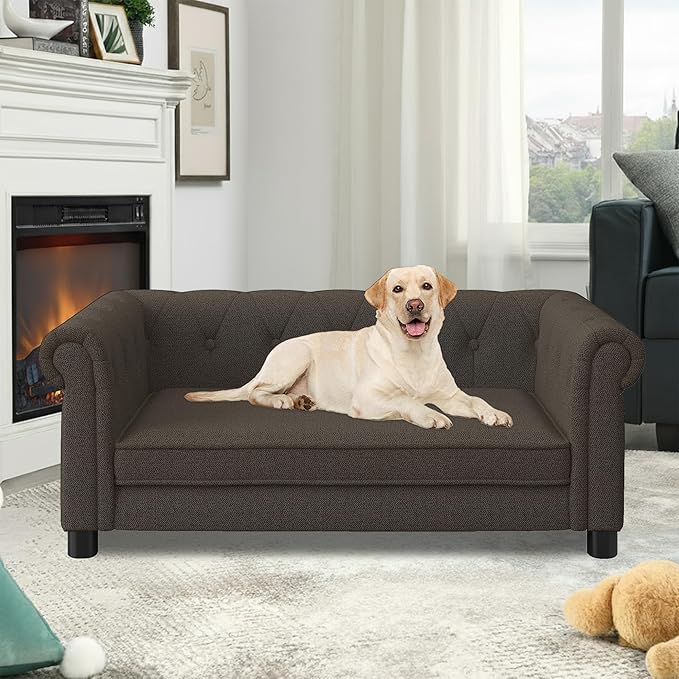 Dog Sofa Couch for Medium to Large Dogs, Memory Foam Pet Sofa Couch with Washable Fabric, Durable Elevated Dog Bed with Legs, Removable Cushion for Medium and Large Dogs, Dark Brown