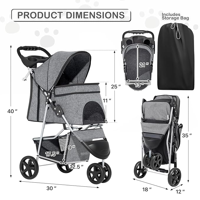 MoNiBloom 3 Wheels Pet Dog Cat Stroller for Small Medium Dogs and Cats, Lightweight Foldable Jogger Stroller w/Storage Basket and Cup Holder, Gray