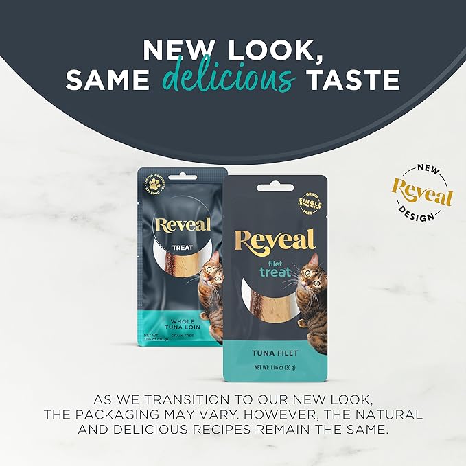 Reveal Natural Whole Protein Fillet Cat Treats, Single Ingredient, Grain Free, High Protein Treats for Cats, for Training, Treating, or Snacking, Whole Tuna Loin (12 x 1.06 oz Loin)