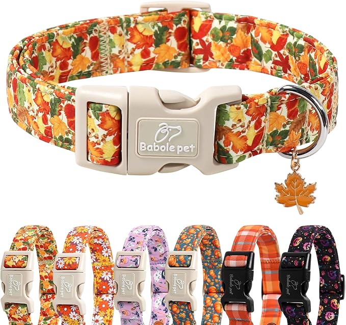 Fall Dog Collar Cute Autumn Leaves Puppy Collar - Light Comfortable Adjustable Pet Collars for Small Medium Large Girl Boy Dogs M