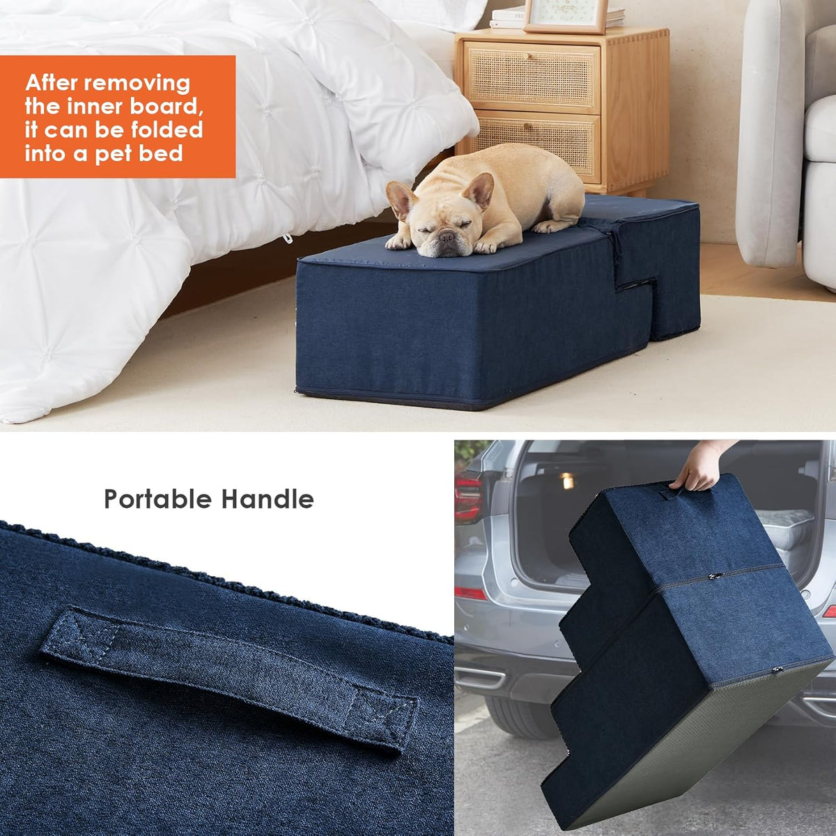 EHEYCIGA Dog Stairs for Bed 20" H, 4-Step Extra Wide Dog Steps for High Bed, Pet Steps for Small Dogs and Cats, Non-Slip Balanced Pet Ramp Indoor, Navy Blue