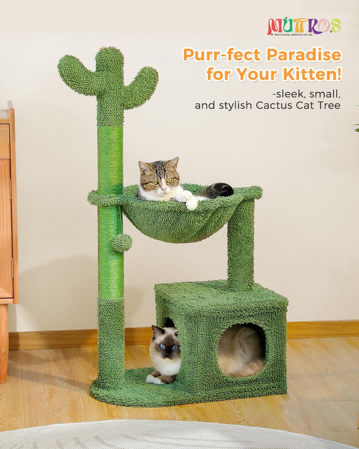Cactus Cat Tree 40" Cat Tower with Large Metal Carpet Hammock, Cat Scratching Post for Indoor Cats with Condo & Replaceable Toy Ball, Green