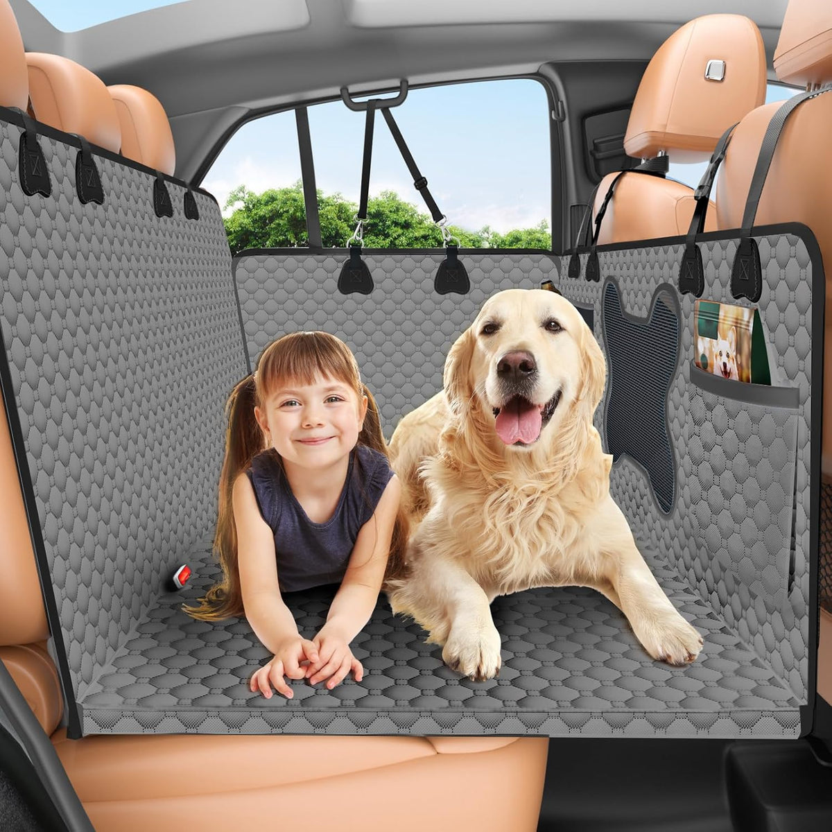 Grey Large Space Dog Hammock for Car, SUV, Small Truck - Universal Fit Dog Car Seat Cover with Hard Bottom, Waterproof & Scratch-Proof, Supports Up to 500 lbs