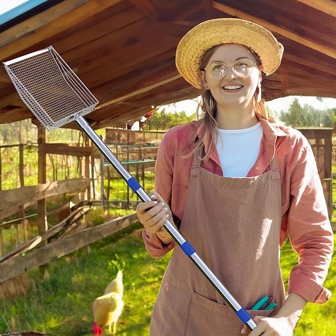 Chicken Poop Scooper, 304 Stainless Steel Shovel Head, 4-in-1 Chicken Litter Scoop with Handle for Chicken Coop & Pet Waste Cleaning, Multifunctional Litter Sifting Shovel(20 to 49")