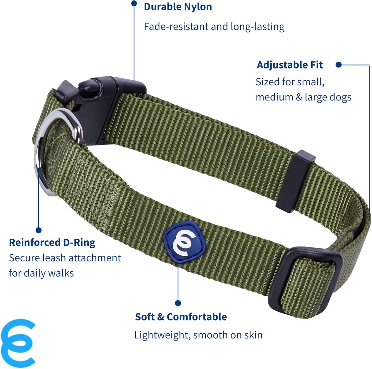 Blueberry Pet Essentials Medium Dog Collar in Military Green | Adjustable & Eco-Friendly Durable Nylon Strap | Classic Collar for Medium Dogs, Boy & Girl Pets