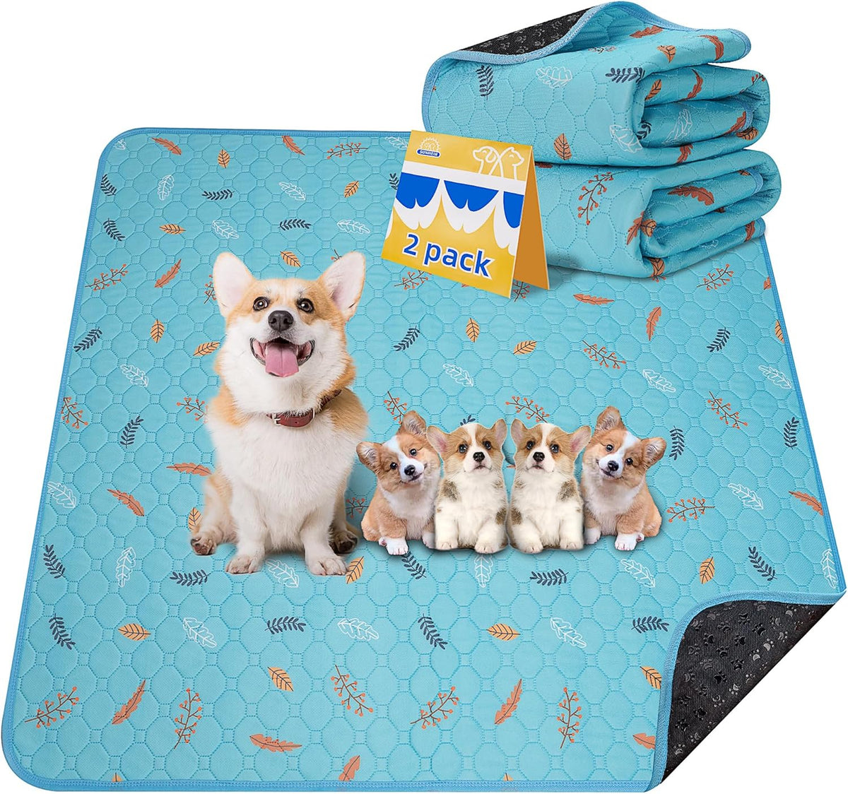 Sunheir Washable Pee Pads for Dogs 2-Pack Reusable Puppy Pet Training Pads, Waterproof Dog Crate, Whelping Pad, Non-Slip Protects Against Urine Leakage (Leaves - Sky Blue, 36x41) F-U1