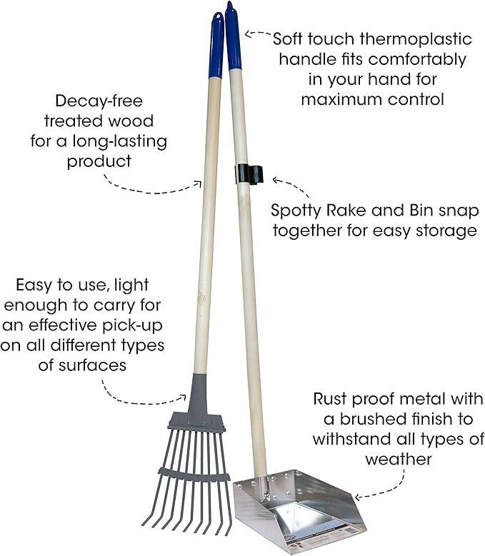 Wood Handle Pooper Scooper Durable Solid Metal Poop Tray with Rake 36.75" Long Handled Scoop | Great for Large or Small Dogs | No Assembly Required | Better for The Environment Than Plastic