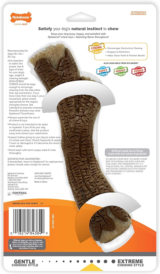 Nylabone Real Wood Stick Toy Strong Chew Toy for Dogs, Rubber Dog Toys for Moderate & Aggressive Chewers, Bacon Flavor, X-Large - 50+ lbs, 1 Count