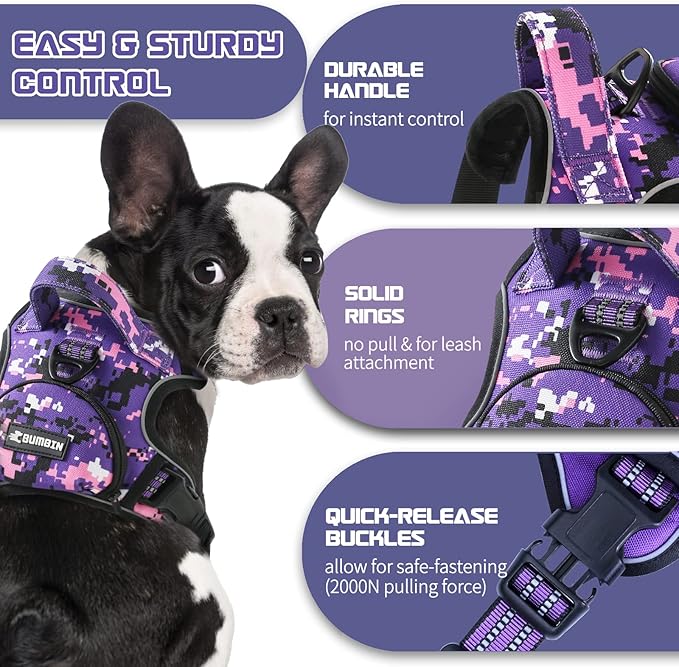 No Pull Dog Harness for Medium Dogs, Adjustable No Choke Pet Vest with Dog Leash Fit Smart Reflective Pet Walking Harness for Training Easy Control Soft Handle Purple Camo M