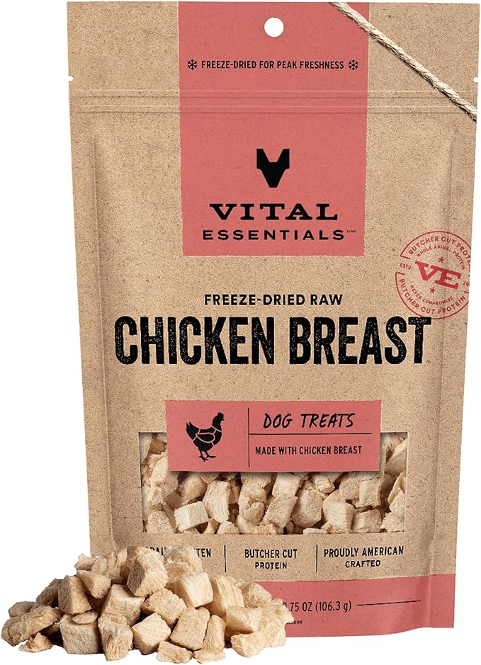 Vital Essentials Single Ingredient Chicken Breast Dog Treats, 3.75 oz | Freeze-Dried Raw | Premium Quality High Protein Training Treats | Grain Free, Gluten Free, Filler Free