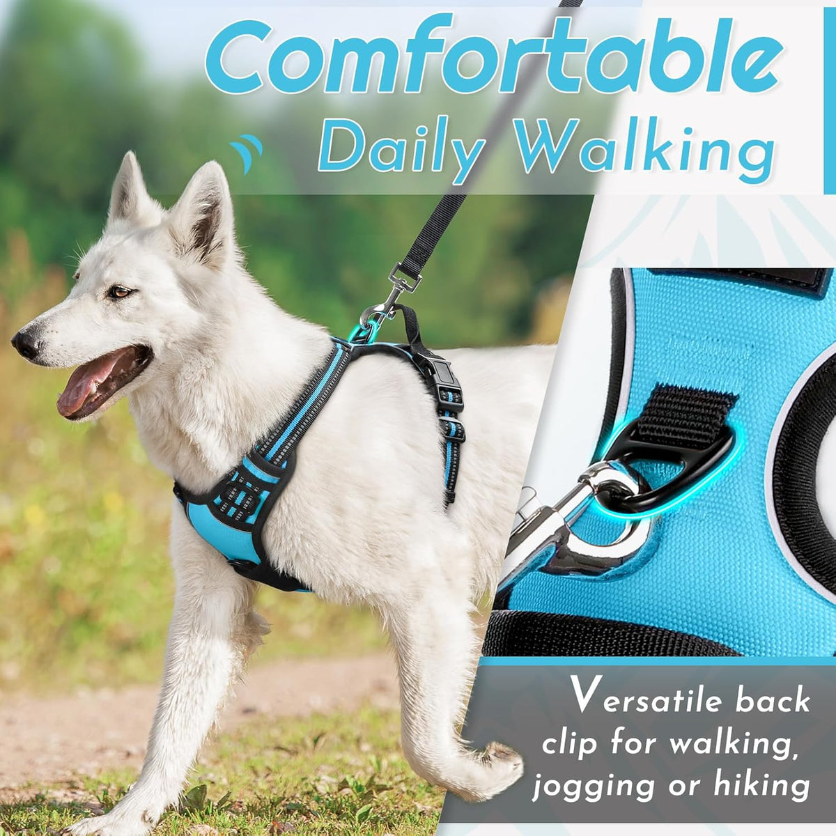 Eagloo Dog Harness Large Breed, No Pull Service Vest with Reflective Strips and Control Handle, Adjustable and Comfortable for Easy Walking, No Choke Pet Harness with 2 Metal Rings, Sky Blue, XL