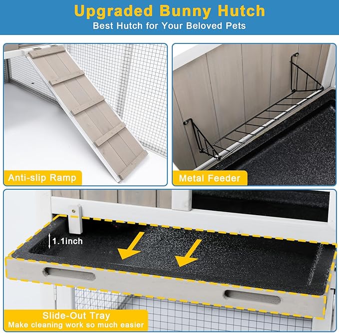 48" L Rabbit Hutch Outdoor Indoor Bunny Hutch Weatherproof, 2-Story Wood Rabbit Cage with Deep Tray, Chew-Resistant Ramp, UV Roof, Bunny House for Small Animal, Expandable Guinea Pig Cage