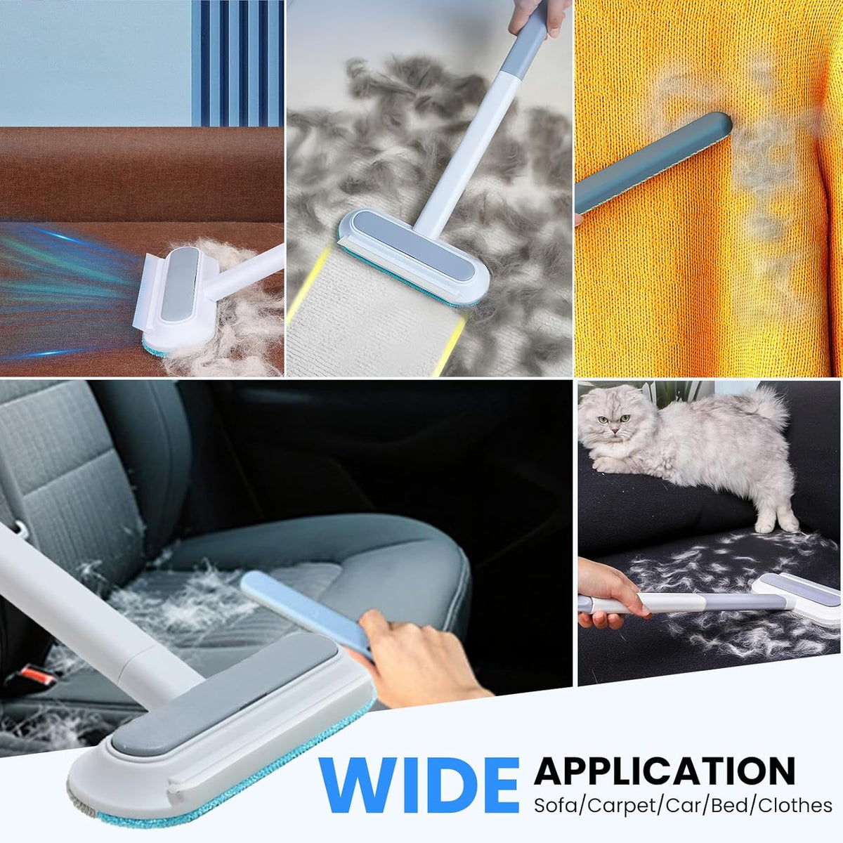 Pet Hair Removal Tool, Multifunctional Reusable Pet Hair Remover Brush for Lint, Cat & Dog Hair Remover for Couch Furniture Car Bed Window Clothes, Washable 4 in 1 Brush with Long Handle & 2 Scrapers