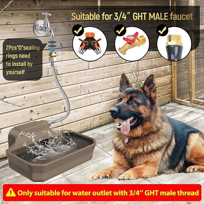 135OZ Automatic Water Dispenser for Dogs Patented Automatic Dog Water Bowl Fit 3/4'' GHT Male Faucet Outdoor Large Dog Water Bowl Include Water Hose Copper Connector Large Drinking Area Brown