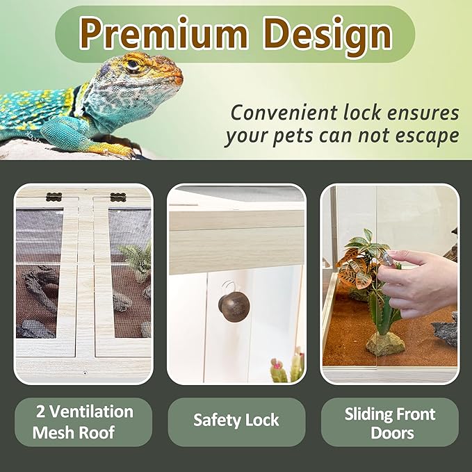 PROLEE Tempered Glass Reptile Enclosure with Leg,32“ Scratch-Proof Bearded Dragon Tank,32 Gallon Lizard Tank with Metal Mesh Tops and Lockable Door,Spacious Reptile Habitat for Snake,Lizard (Oak)