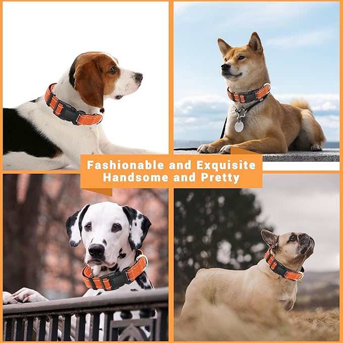 2 Pack Reflective Dog Collar with Safety Locking Buckle, Adjustable Soft Breathable Comfortable Nylon Pet Collar for Small, Medium and Large Dogs, Orange, M