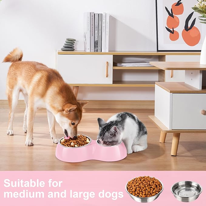 Double Dog Bowls Set – Non-Slip Pet Food & Water Dishes with Resin Stand, Includes Small (1 Cup) & Medium (2 Cups) Bowls – Ideal for Puppies, Cats, and Medium Dogs – Pink