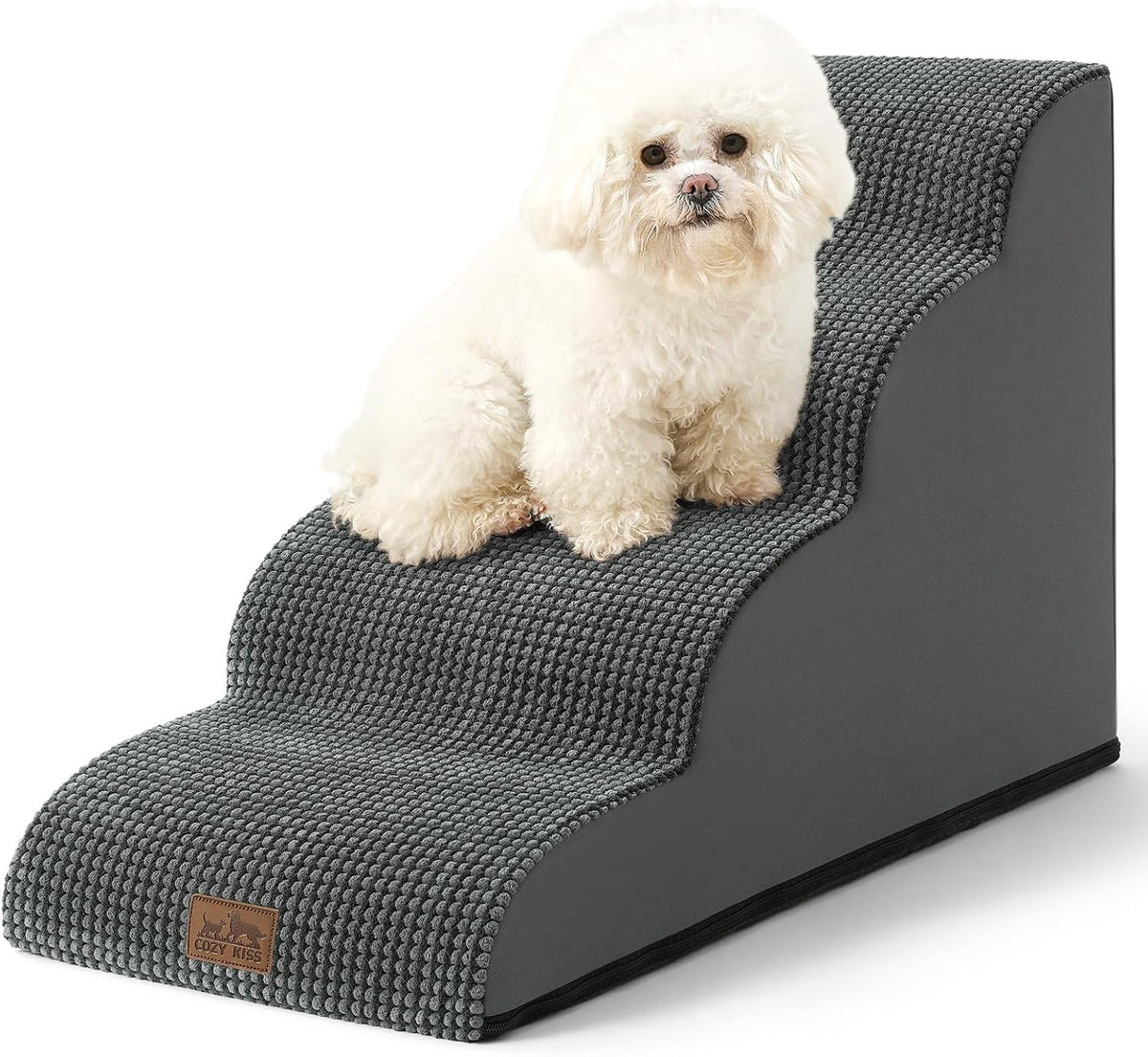 Dog Stairs for Small Dogs 19.7" H, Curved Dog Step for Puppy, Older or Cat, Medium Pet Ramp for Sofa, Couch or Bed, Ladder with High Density Foam, 15.7x28.3x19.7 inch, 4 Step, Dark Grey