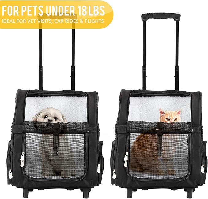 KOPEKS Deluxe Backpack Pet Travel Carrier with Double Wheels for Pets up to 18 Pounds - Black