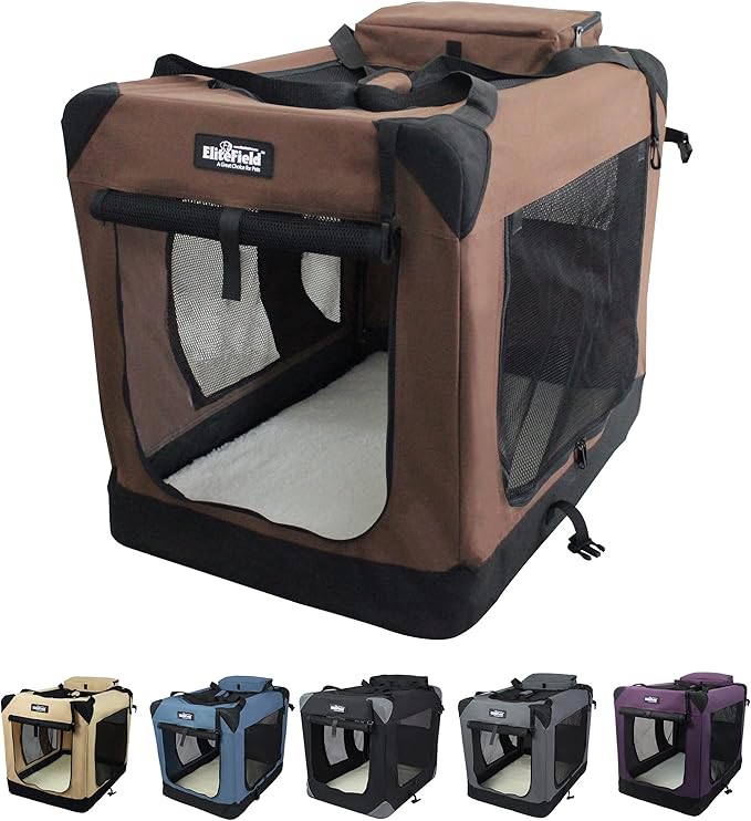 EliteField 3-Door Folding Soft Dog Crate with Carrying Bag and Fleece Bed (2 Year Warranty), Indoor & Outdoor Pet Home (30" L x 21" W x 24" H, Brown)