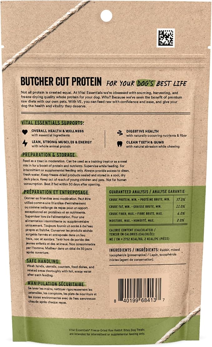 Vital Essentials Rabbit Bites Dog Treats, 2 oz | Freeze-Dried Raw | Single Protein | Premium Quality High Protein Training Treats | Grain Free, Gluten Free, Filler Free