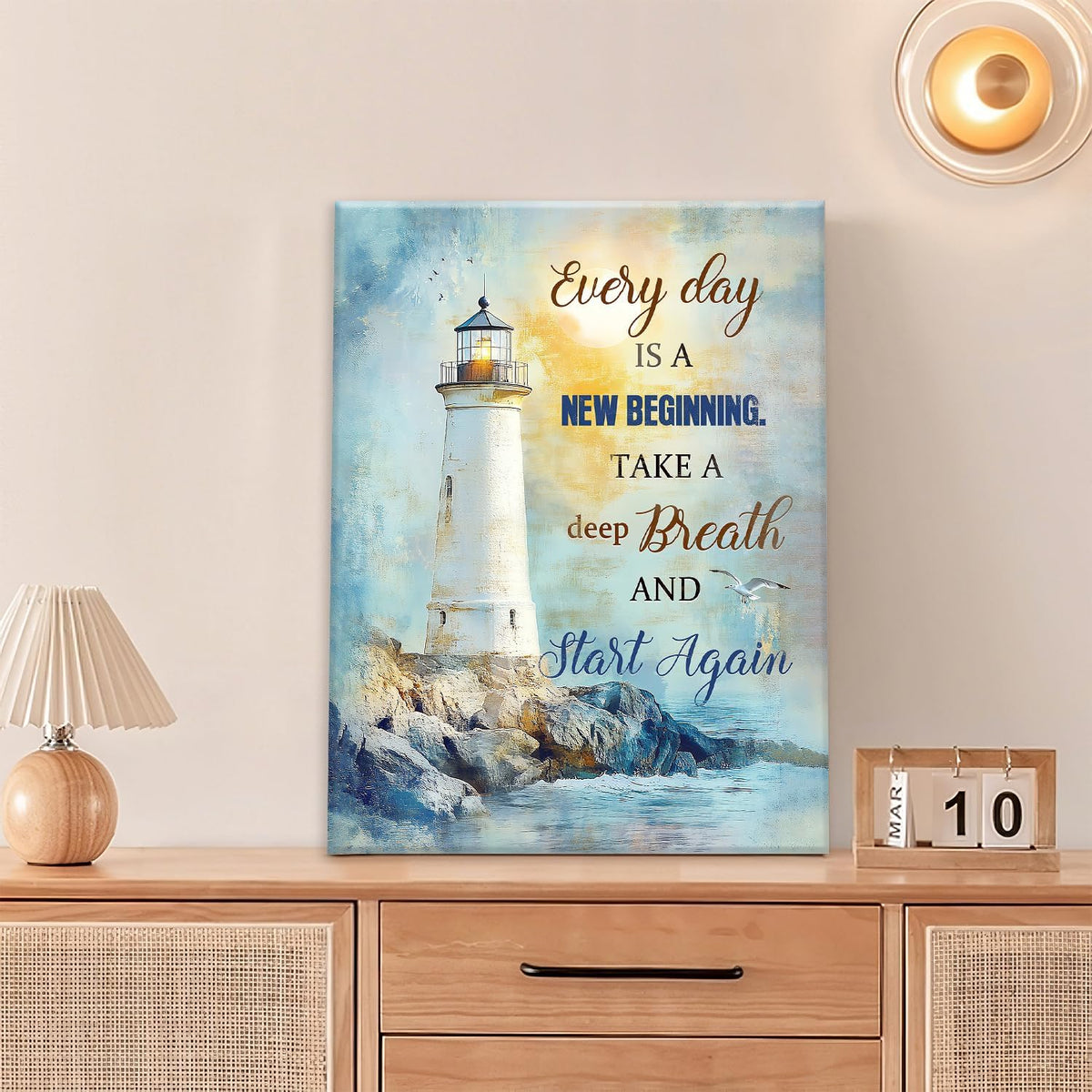 Ocean Lighthouse Pictures Wall Art, Coastal Nautical Bathroom Wall Decor Every Day is a New Beginning Motivational Quote Framed Painting Canvas Artwork for Bedroom Living Room Decorations 20"L x 16"W