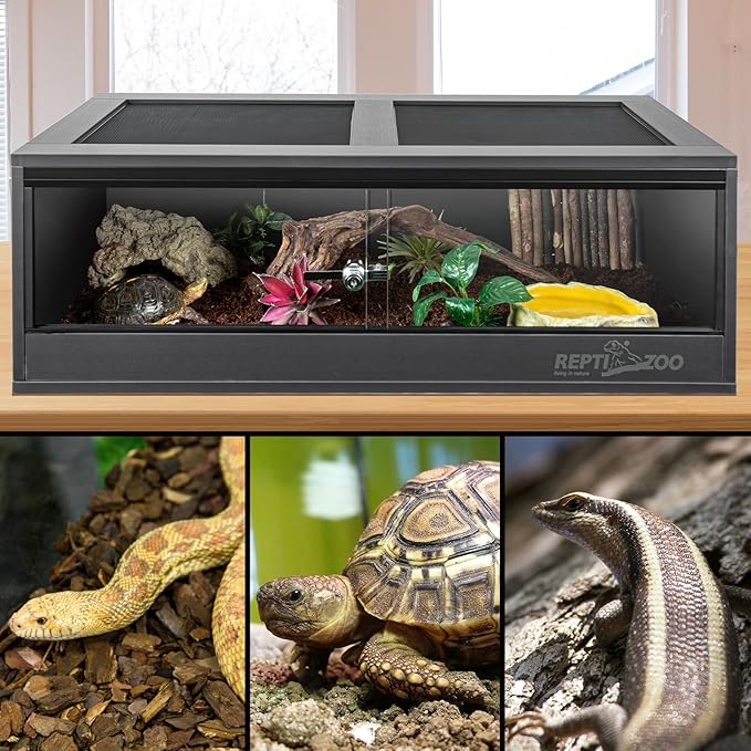 REPTI ZOO 35 Gallon PVC Reptile Tank, 36x18x12 Reptile Terrarium for Crested Gecko Leopard Gecko Frog Lizard Snake Turtle Hermit Crab, Reptile Enclosure with Sliding Door & Screen Ventilation, Black