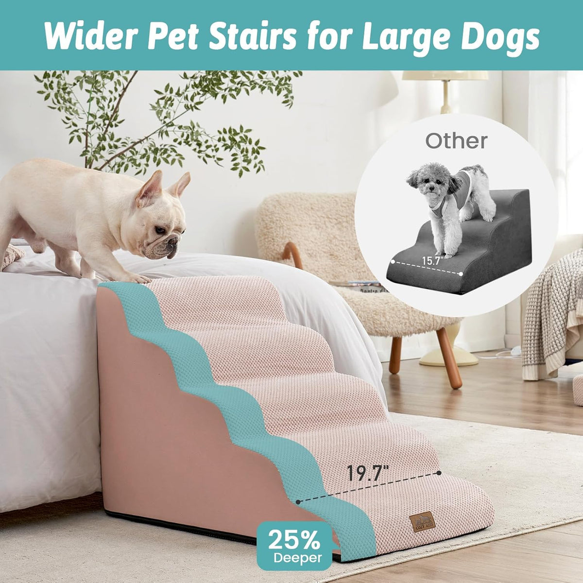 Wide Dog Stairs 19.7" Width, Pet Step for Small/Medium/Large Dog, Puppy or Cat, Pet Ramp for High Bed or Car, High Density Foam Ladder, 19.7x33x22.4 in, Stable, 5 Step, Pink