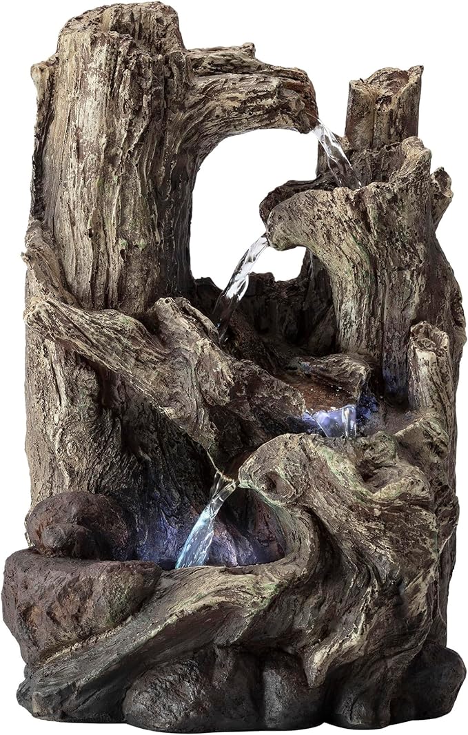 Alpine Corporation WIN786S Indoor 5 Tiered Rainforest Tree Trunk Tabletop Waterfall Fountain with LED Lights, 14" Tall, Brown