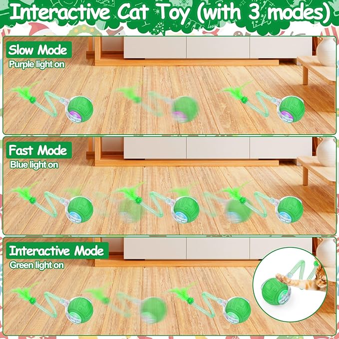Interactive Cat Toy Ball - Christmas Cat Toys for Indoor Cats with Feather Tails for Chasing, Moving Stimulation Smart Cat Toy for Enrichment, Motion Activated Automatic Rolling Toys to Keep Them Busy