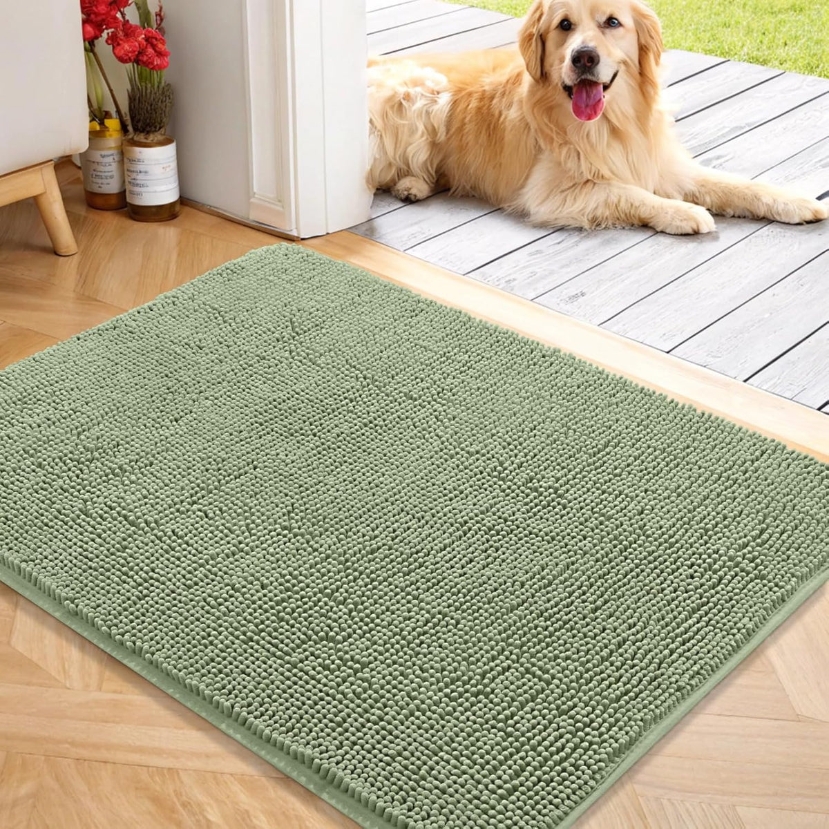 OLANLY Dog Door Mat for Muddy Paws 40x32, Absorbs Moisture and Dirt, Absorbent Non-Slip Washable Doormat, Quick Dry Chenille Mud Mat for Dogs, Entry Indoor Entryway Carpet for Inside Floor, Sage Green