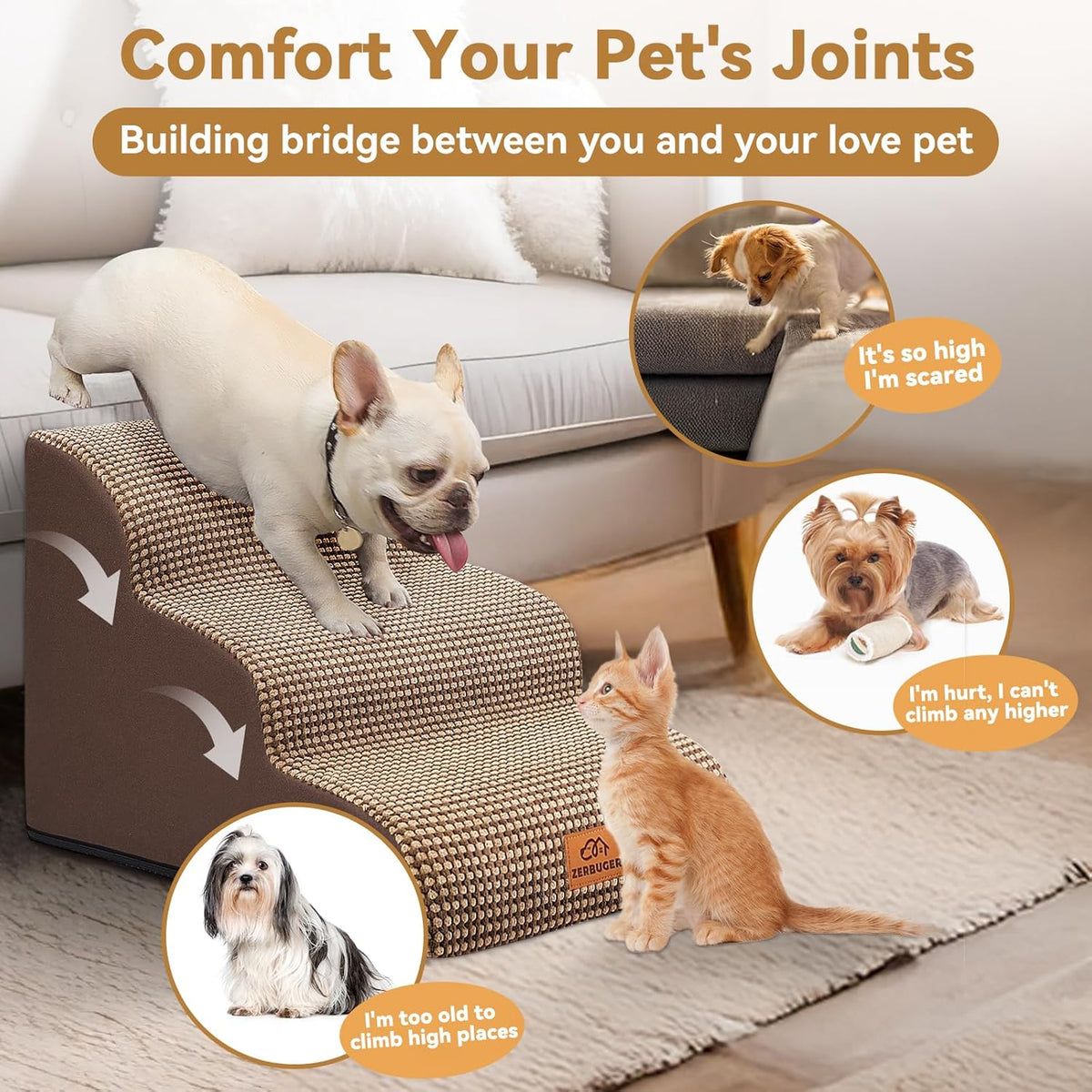Dog Ramp and Stair for Bed 16" H-20 H,3-Step Cat Stair for Sofa and Chair,4-Step Dog Ramp for High Bed and Window,Durable Nonslip Fabric Cover for Indoor (Coffee-16 H, Pet Friendly, 3)
