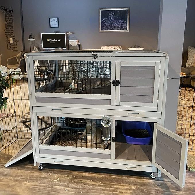 Aivituvin Rabbit Hutch Rabbit Cage Outdoor & Indoor on Wheels Bunny cage with Deep No Leak Pull Out Tray,Upgrade Version (Gray)