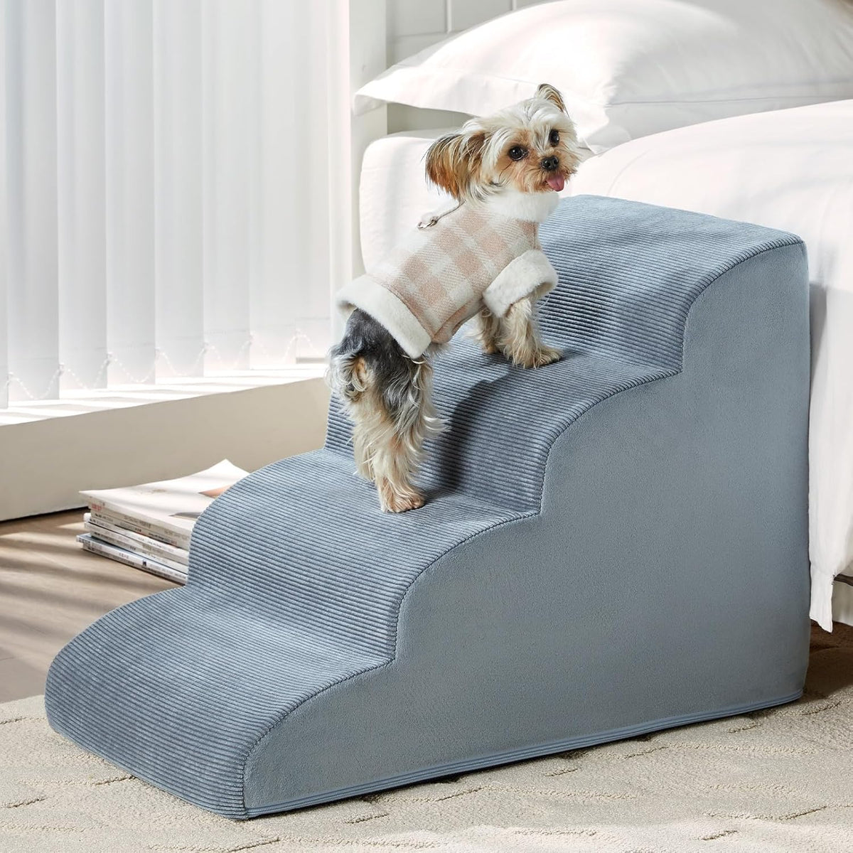 Dog Steps for Bed, 4-Steps Dog Ramp for Bed, Pet Stairs with Highly Supportive Foam and Non-Slip Bottom, Dog Stairs for Large Dogs and Medium Dogs (High 19.7 Inch), Grey