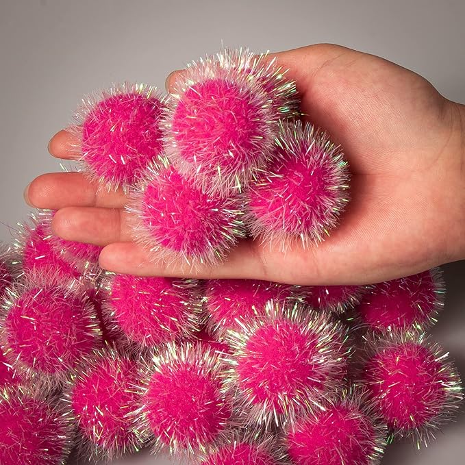 VAPKER 30 Pcs Cat Ball Toys Sparkle Balls Extra Large 2 Inch Cat's Favorite Chase Glitter Ball Glitter Tinsel Pom Poms Balls Hot Pink Color