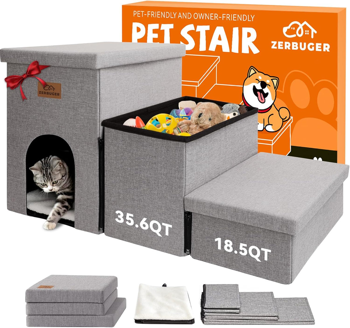 Dog Stairs 18" H, 3-Step Wider Dog Steps for High Beds Couch, Folding Storage Pet Stairs Gift for Small/Medium/Large Old Dogs Cats, Ramp for Climbing Car Up to 200 lbs, (Gray, with Condo)
