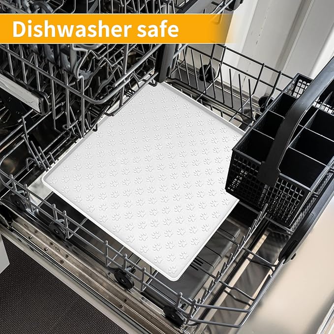 Ptlom Pet Placemat for Dog and Cat, Waterproof Silicone Pet Feeding Bowl Mats for Food and Water, Small Medium Large Dogs Mat Prevent Residues from Spilling to Floor, White, 11.8"x11.8"
