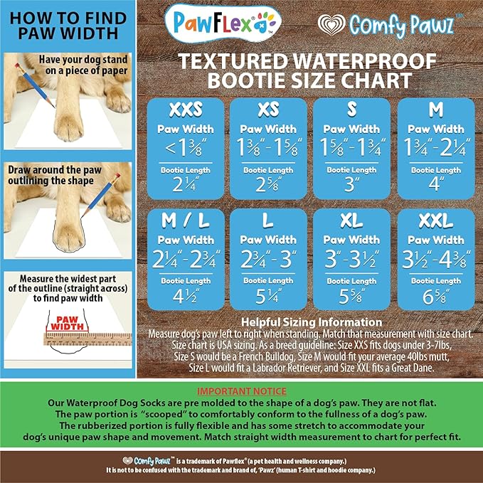 Double Dipped Thick Textured Waterproof Cotton Dog Socks | PawFlex Comfy Pawz Soft Indoor/Outdoor Pet Booties | Non-Slip Silicone Grip at Inner Wrist for No Twisting or Sliding Off| Adjustable Strap