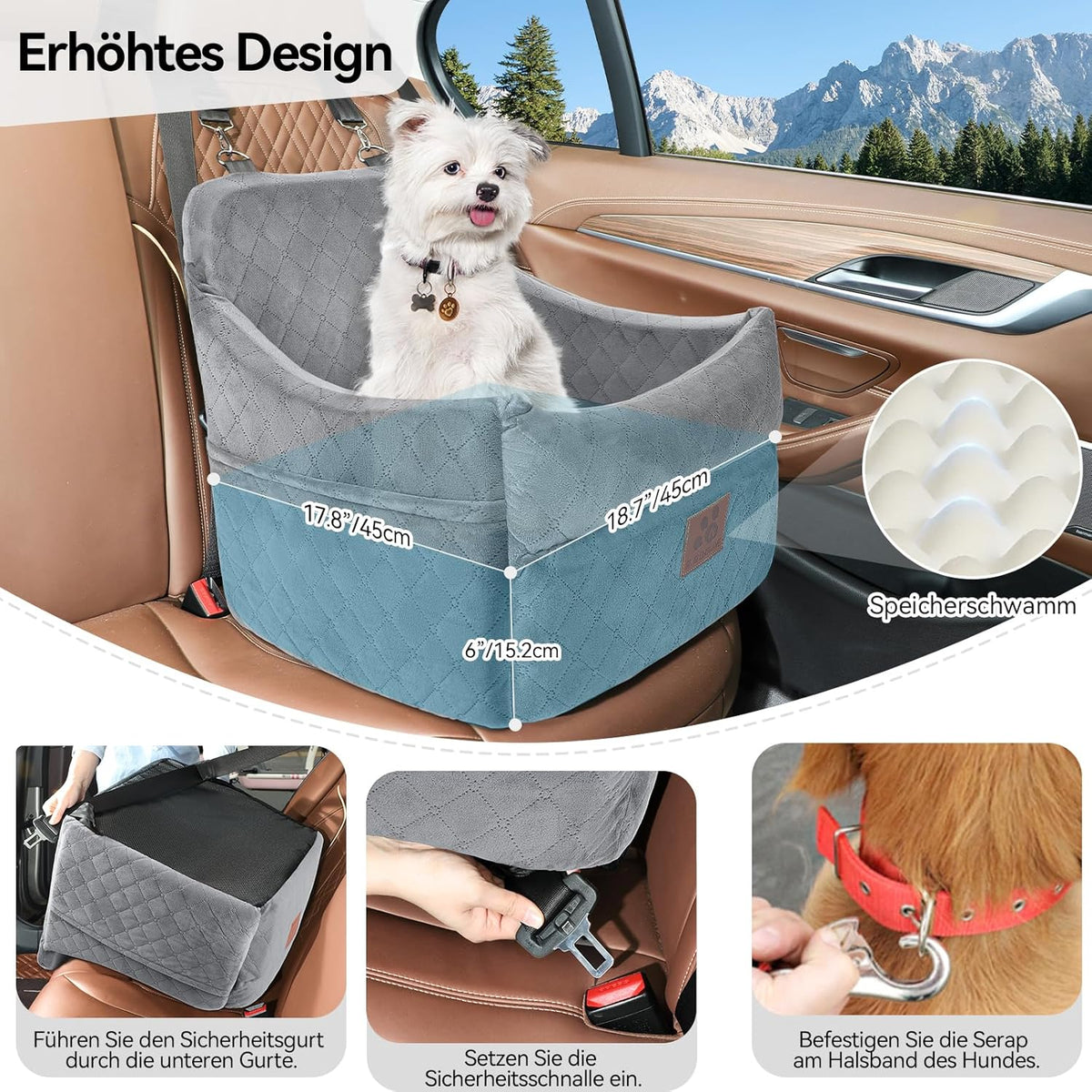 Dog Car Seat for Small/Medium Dogs, Dog Booster Car Seats with Thick Cushion for Dogs Under 35lbs, Detachable Washable Pet Car Seat with Storage Pockets, 2 Safety Belts