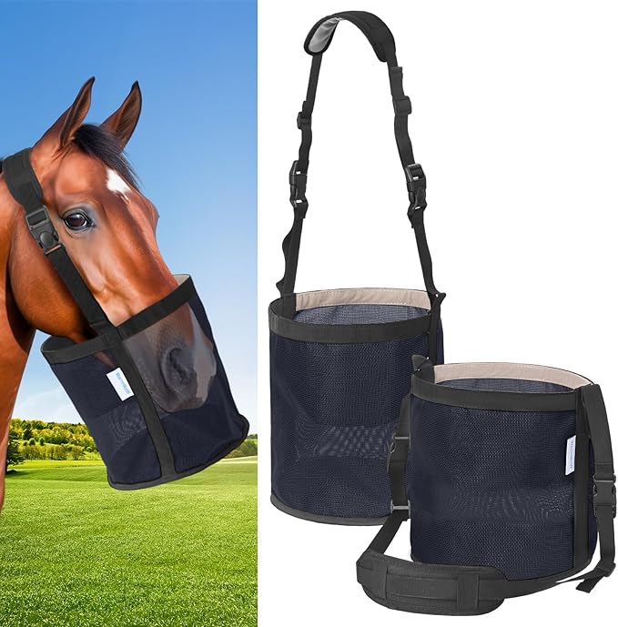 Horse Feed Bag Pack of 2, Feed Bags for Horses with Ventilation Mesh, Comfort Nose Pad Neck Pad, Adjustable Strap, Spill Proof Design for Independent Feeding Grain, Supplements (Black Blue)