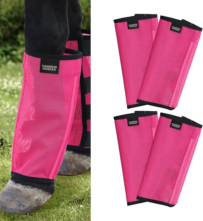 Harrison Howard Loose Fitting Fly Boots UV-Protective Extra Tough Mesh Ventilated Four Fasteners Stay-on Design Protect Horse Legs & Stomp-Reducing Set of 4 Magenta Pony