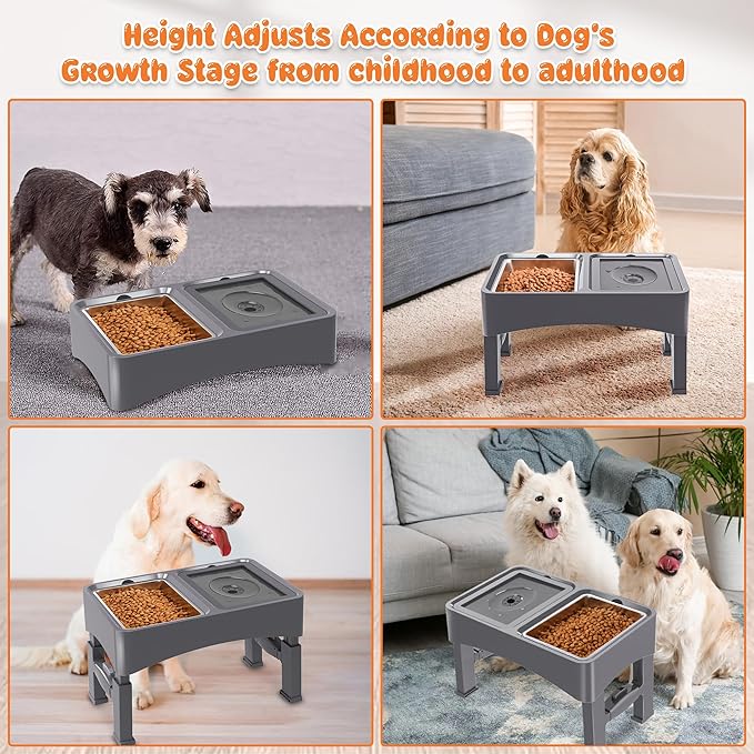Decflow 2-in-1 Elevated Dog Bowls, 4 Height Adjustable Raised Dog Bowls with Stainless Steel & No Spill Water Bowl, DIY Stickers Foldable Pet Bowl for Medium Large Dogs(Not Included Slow Food Bowl)