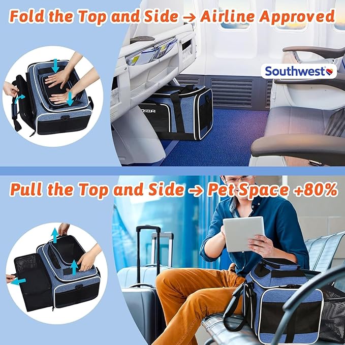 Petskd Top and Side Expandable Pet Carrier 18x13x9.5 Inches Southwest Airline Approved, Soft-Sided Carrier for Small Cats and Dogs with Locking Safety Zippers and Anti-Scratch Mesh(Blue)